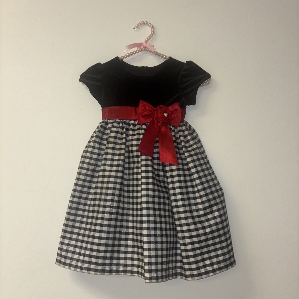 Jayne Copeland Kids Black Velvet Gingham Holiday Dress Red Bow Rosette Size‎ 3T